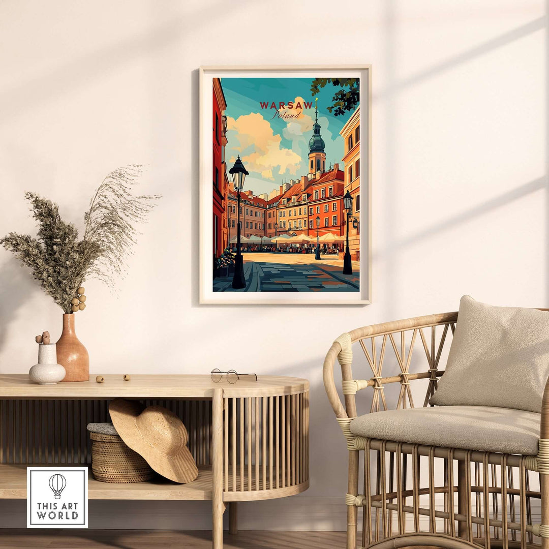 Warsaw wall art print showcasing a vibrant street scene, perfect for home decor and travel enthusiasts.