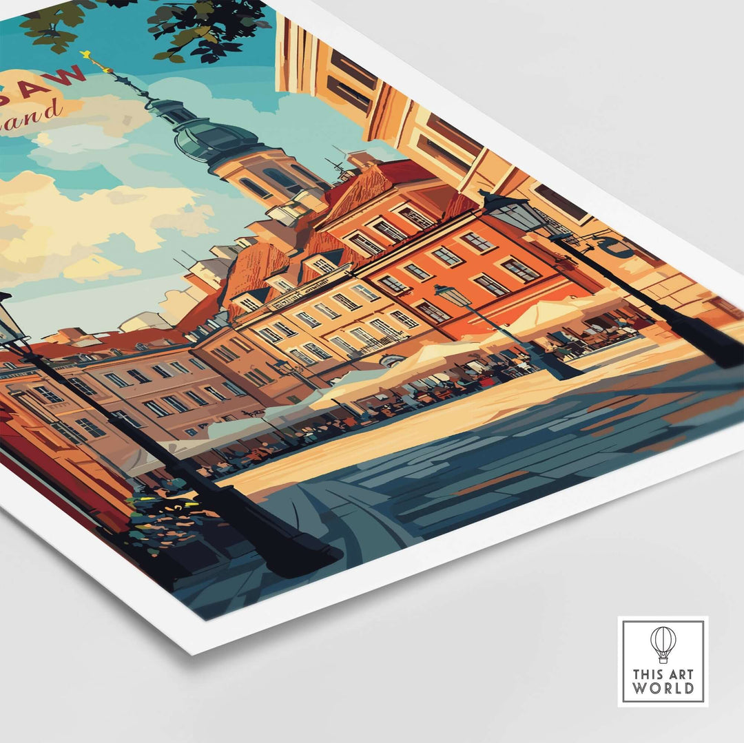 Warsaw Wall Art Print showcasing vibrant city streets and historic architecture, perfect for travel enthusiasts.