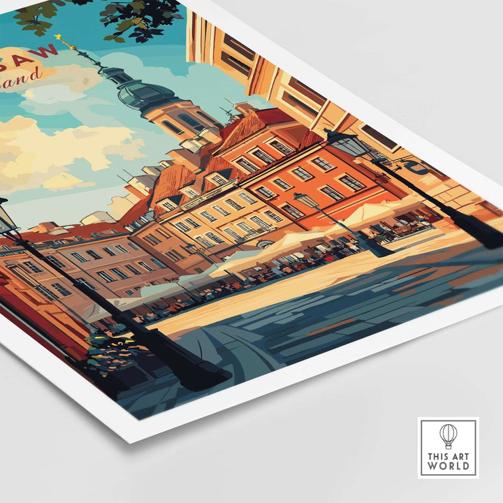 Warsaw Wall Art Print showcasing vibrant city streets and historic architecture, perfect for travel enthusiasts.