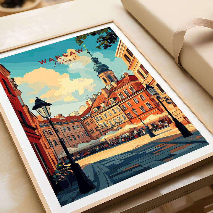 Vibrant Warsaw Wall Art Print featuring a colorful view of Poland's historical buildings and streets, ideal for home decor.