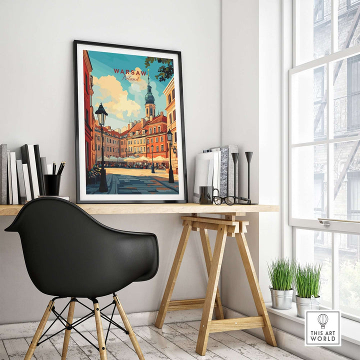 Warsaw wall art print displayed in a modern interior setting with desk, chair, and natural light.