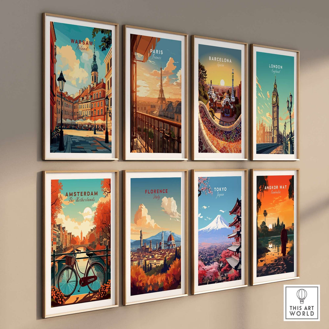 A collection of travel posters featuring Warsaw, Paris, Barcelona, London, Amsterdam, Florence, Tokyo, and Angkor Wat on a wall.