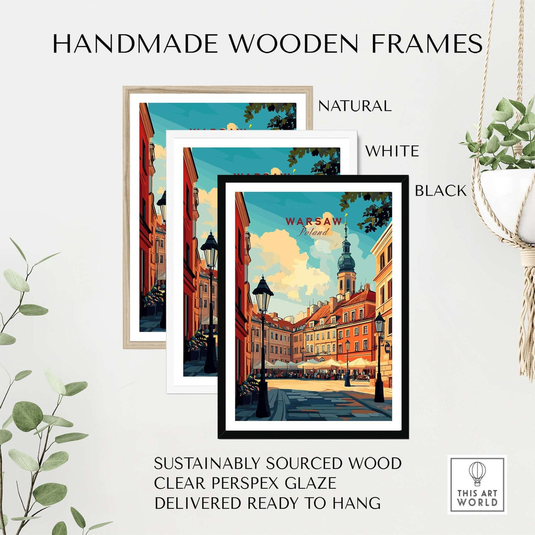 Warsaw wall art print in three handmade wooden frames: natural, white, and black, highlighting Poland's vibrant architecture.