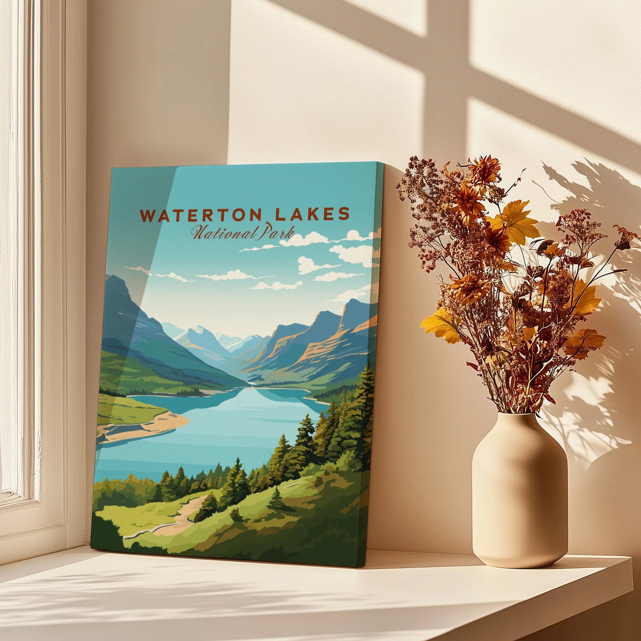 Waterton Lakes National Park travel poster on windowsill with vase of dried flowers