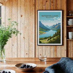 Waterton Lakes National Park art print in black frame, kitchen wood wall decor setting