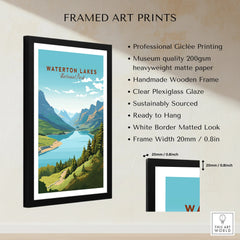 Framed Waterton Lakes National Park art print with mountain landscape and product details