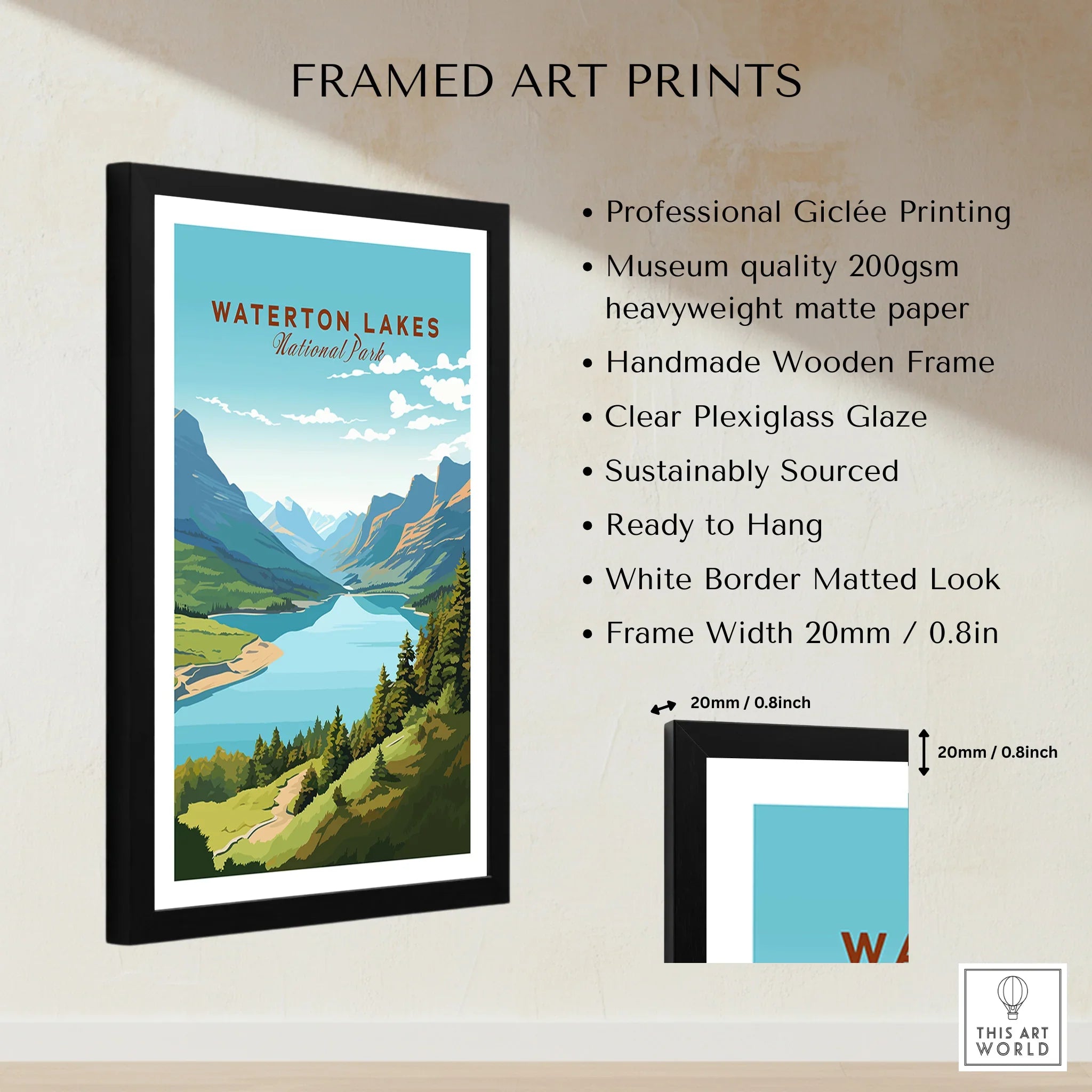 Framed Waterton Lakes National Park art print with mountain landscape and product details