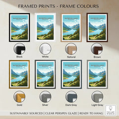 Waterton Lakes National Park travel poster print in eight frame colour options, mountain and lake landscape.