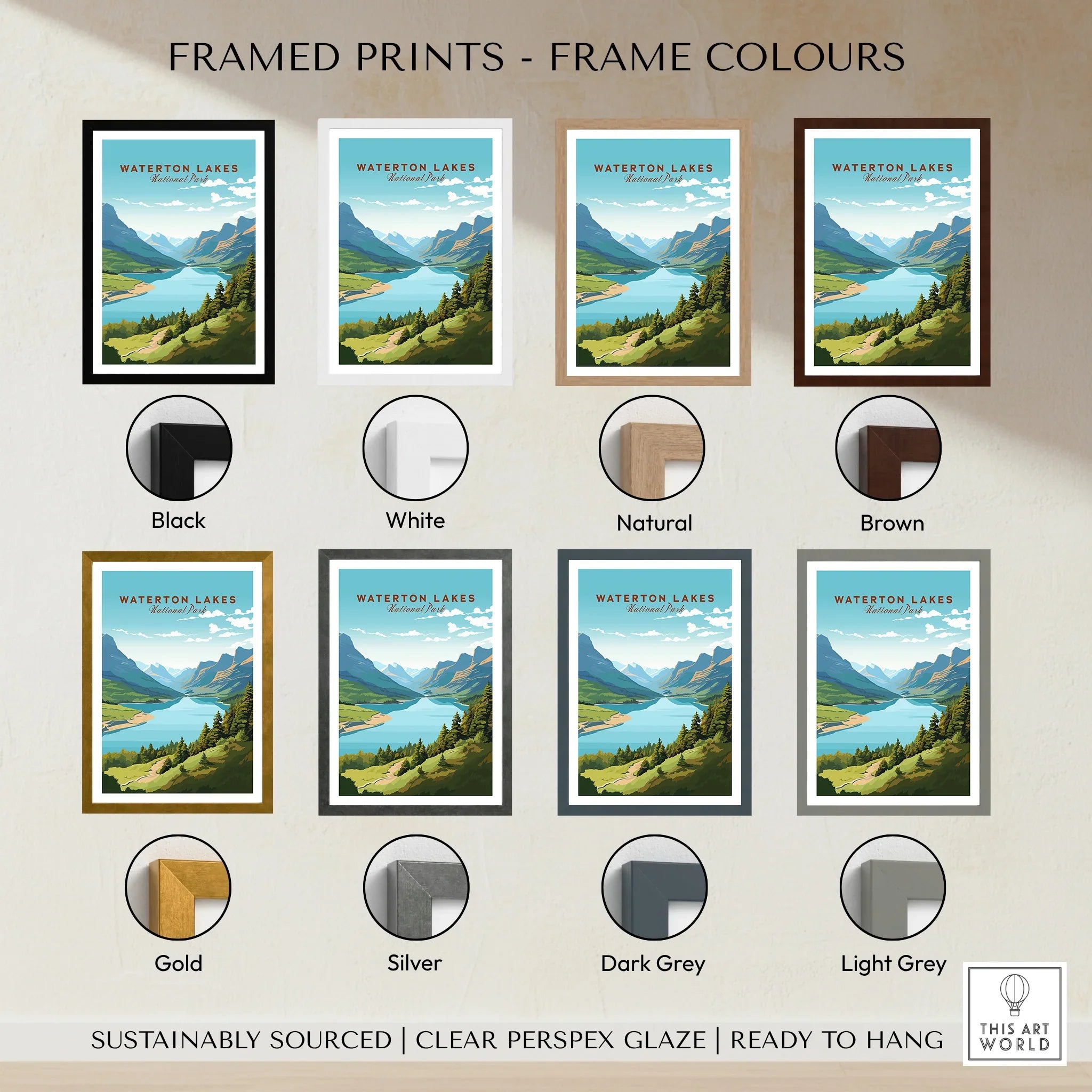 Waterton Lakes National Park travel poster print in eight frame colour options, mountain and lake landscape.