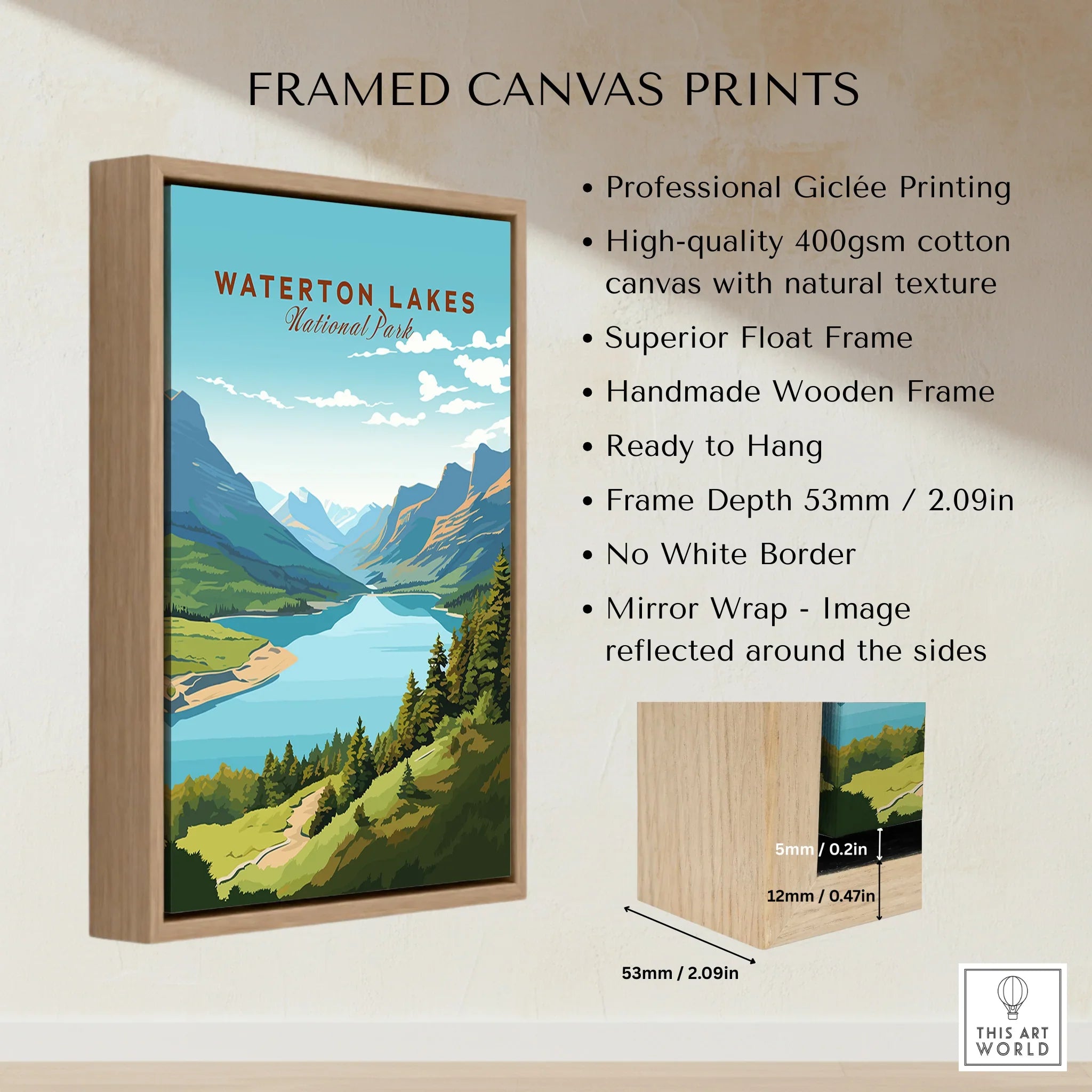 Framed canvas print of Waterton Lakes National Park with mountains and lake art.