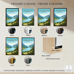 Waterton Lakes National Park framed canvas print with six frame color options: black, white, natural, brown, gold, silver.