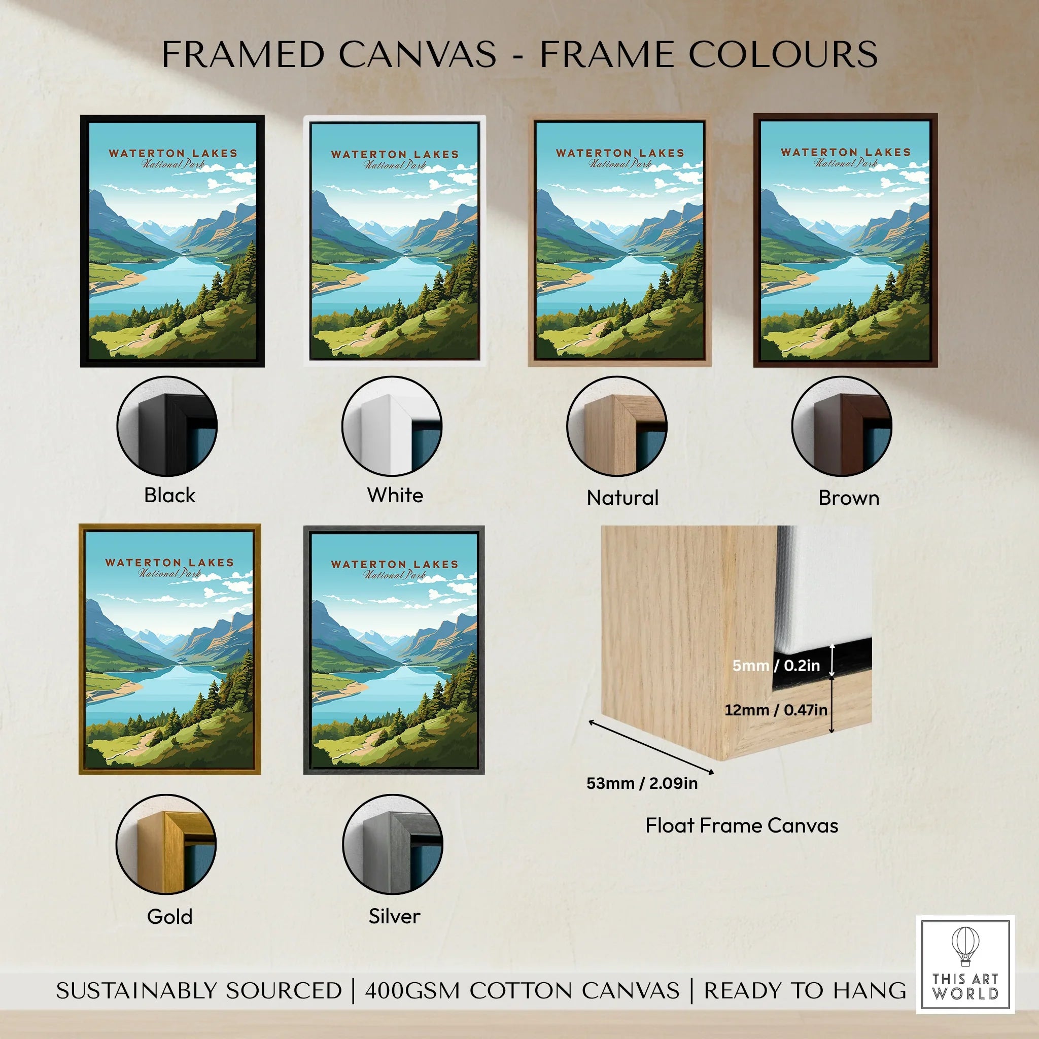 Waterton Lakes National Park framed canvas print with six frame color options: black, white, natural, brown, gold, silver.