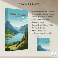 Waterton Lakes National Park canvas print with mountain landscape and product details