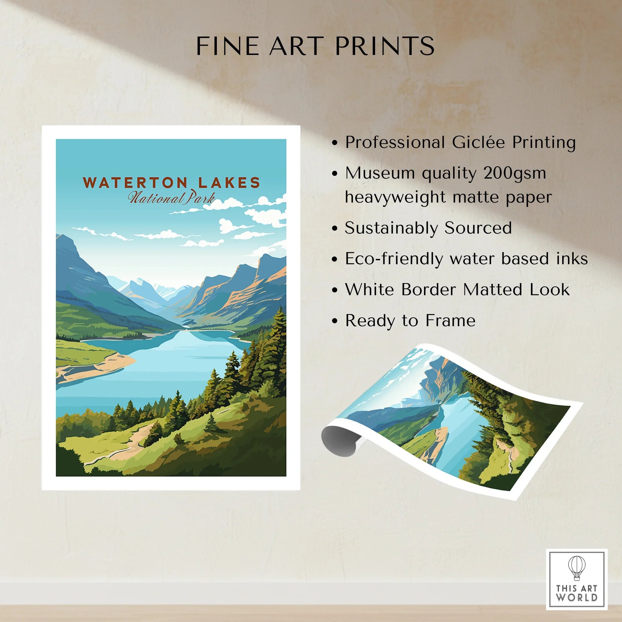Waterton Lakes National Park art print with mountains, lake, and green forest, unframed wall decor