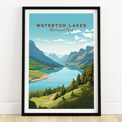 Waterton Lakes National Park art print in black frame, landscape poster on wooden floor