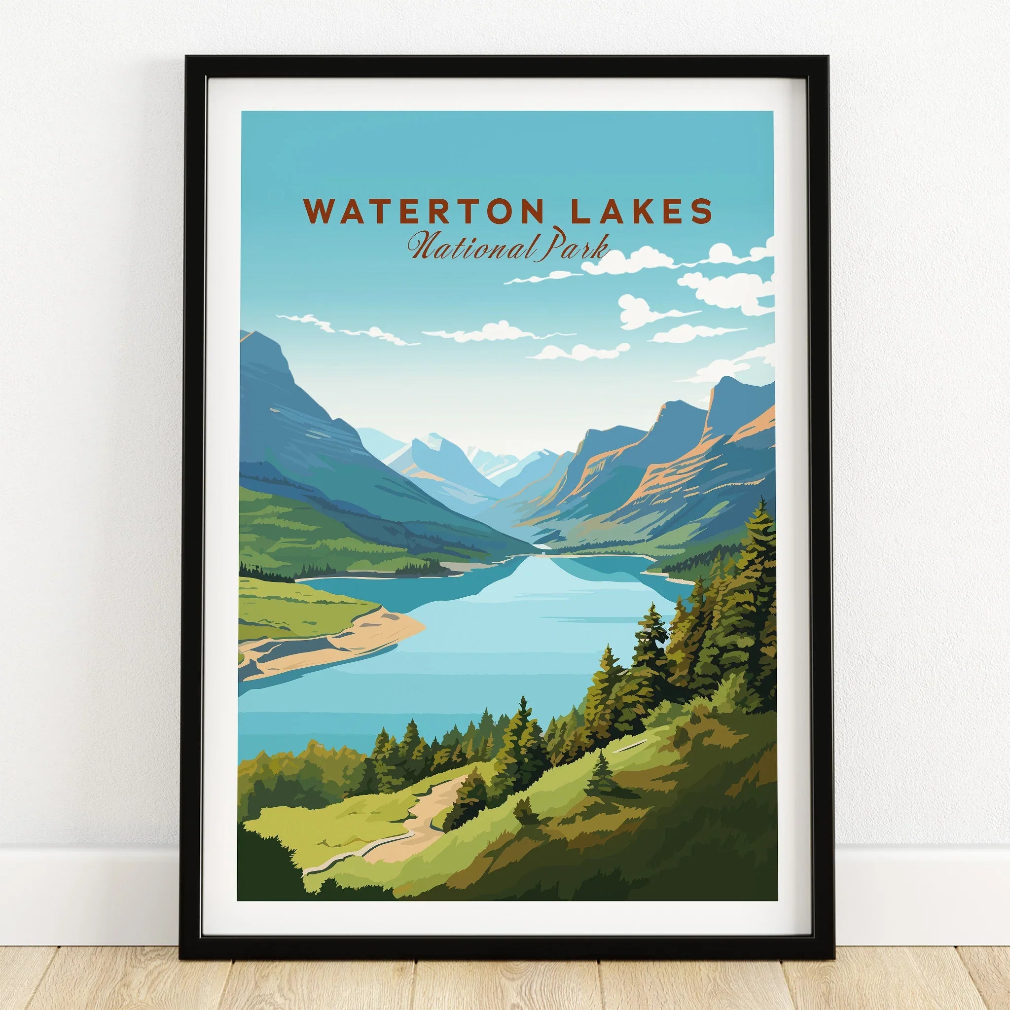 Waterton Lakes National Park art print in black frame, landscape poster on wooden floor