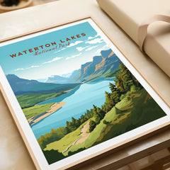 Waterton Lakes National Park art print in natural wood frame, scenic landscape poster