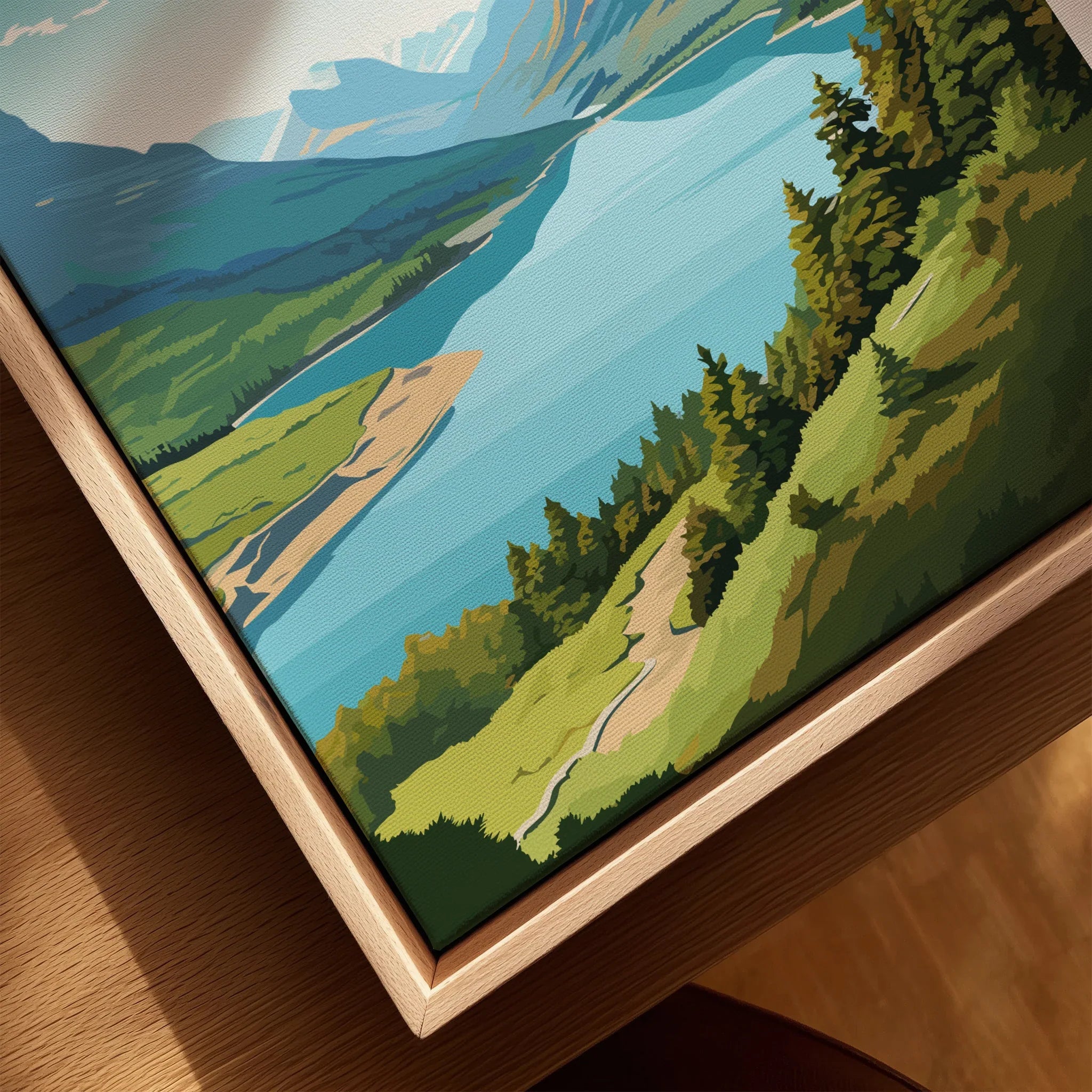 Framed canvas art print of Waterton Lakes with mountains, pine trees, and blue water closeup