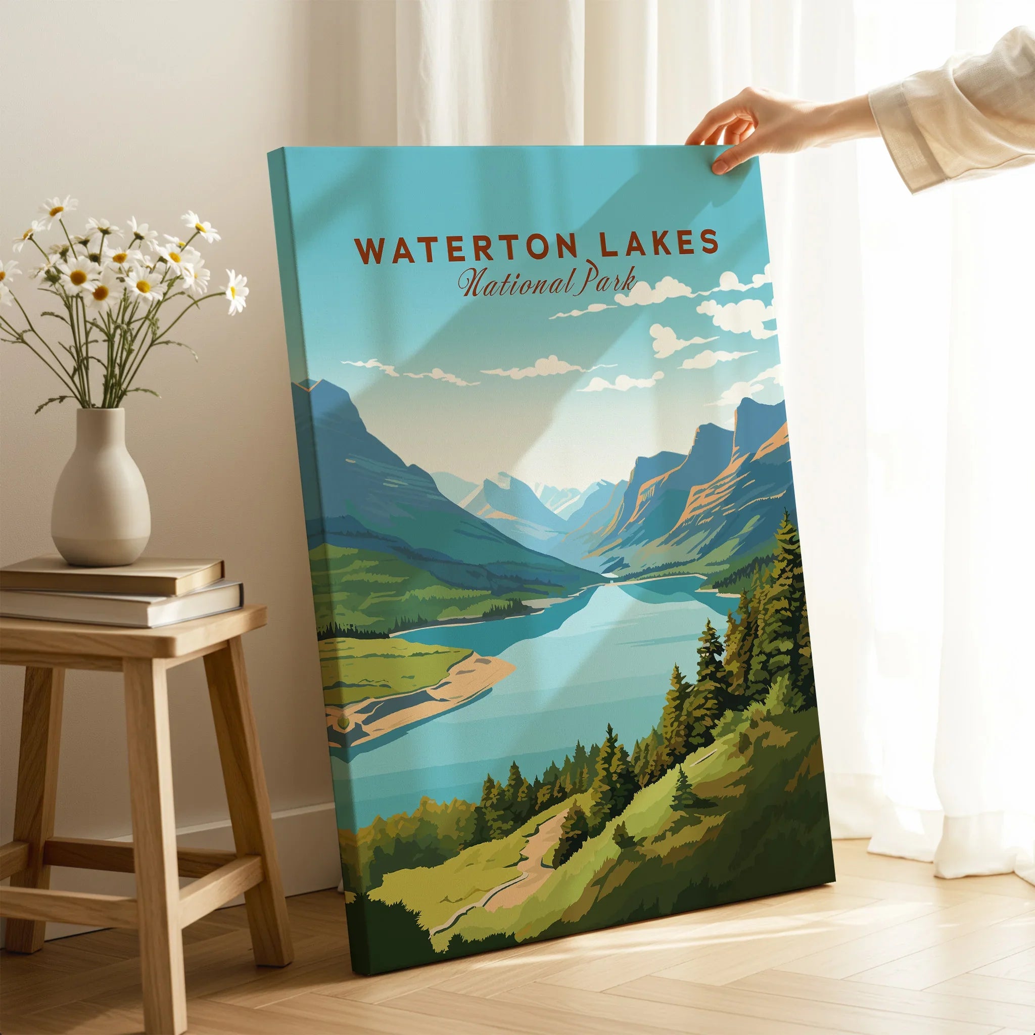 Waterton Lakes National Park canvas print with scenic mountain and lake landscape in a bright room