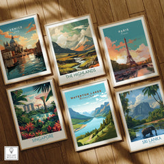 Set of six travel art prints featuring Venice, Paris, Singapore, Highlands, Waterton Lakes, Sri Lanka in wooden frames on a wooden floor.
