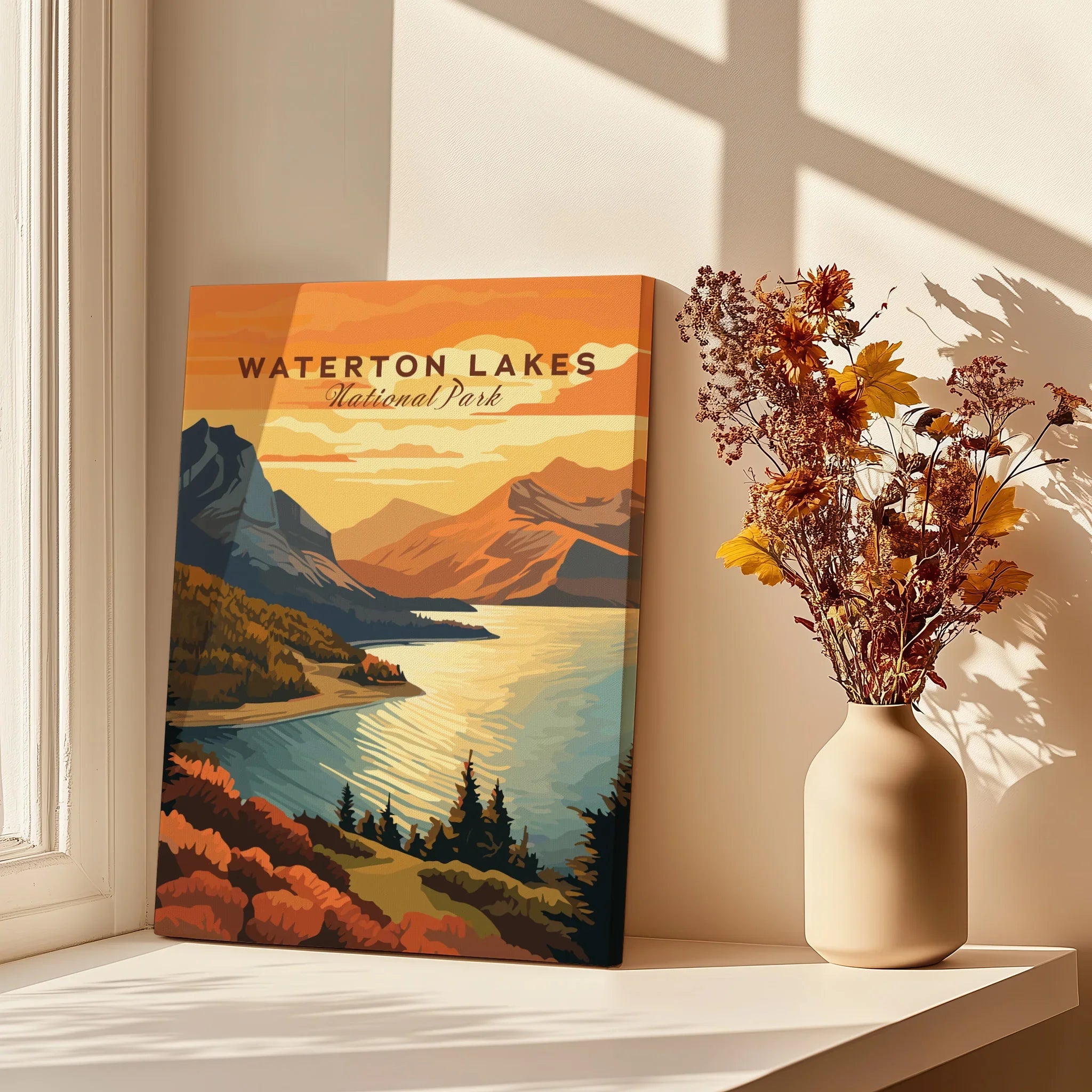 Waterton Lakes National Park art print on windowsill with autumn flowers and sunlight