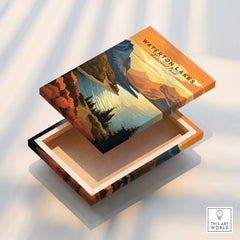Waterton Lakes National Park vintage travel poster print on floating canvas with mountain lake art