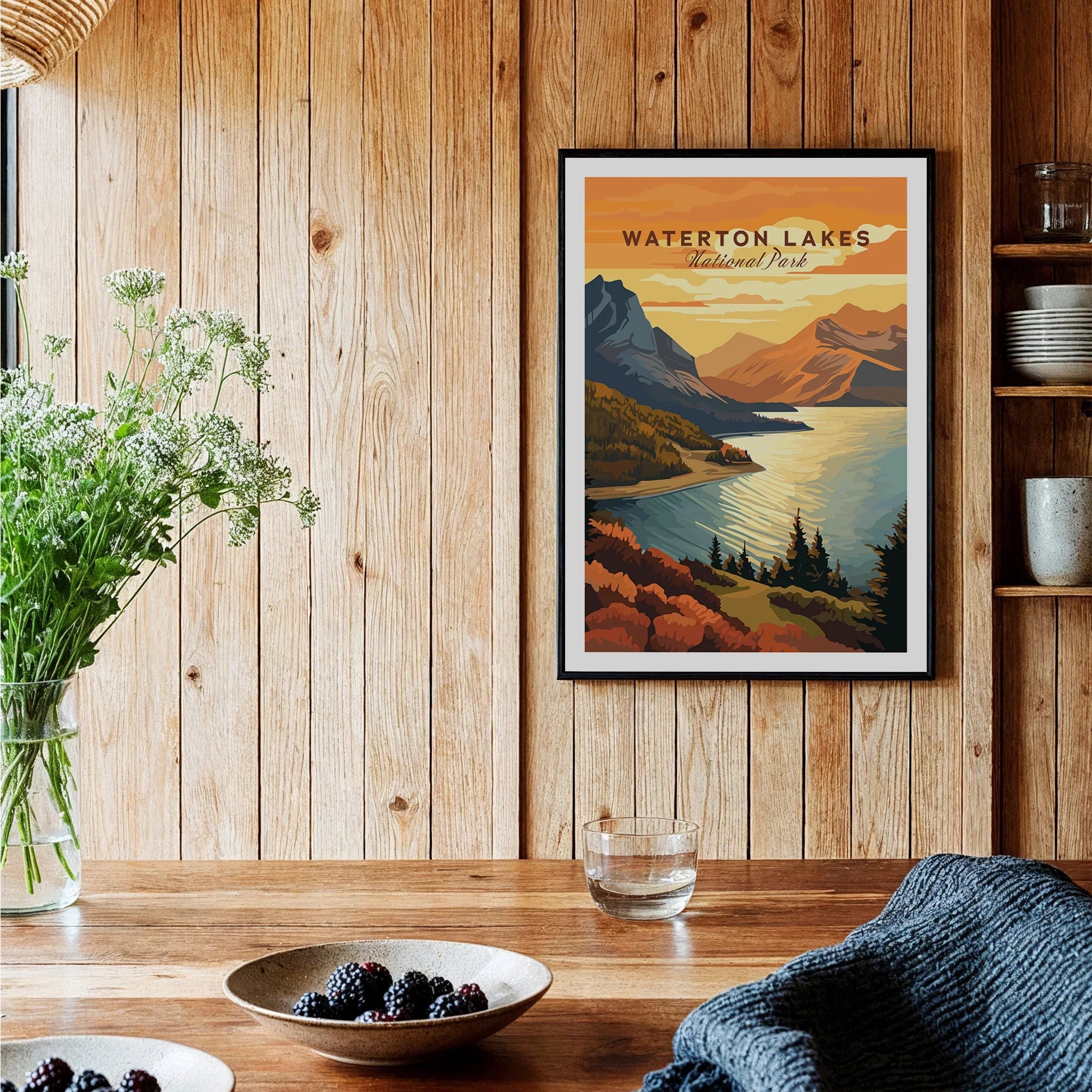 Waterton Lakes National Park travel poster art print in modern rustic kitchen setting