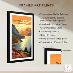 Framed Waterton Lakes National Park art print with mountains, lake, and sunset colors, quality details listed.