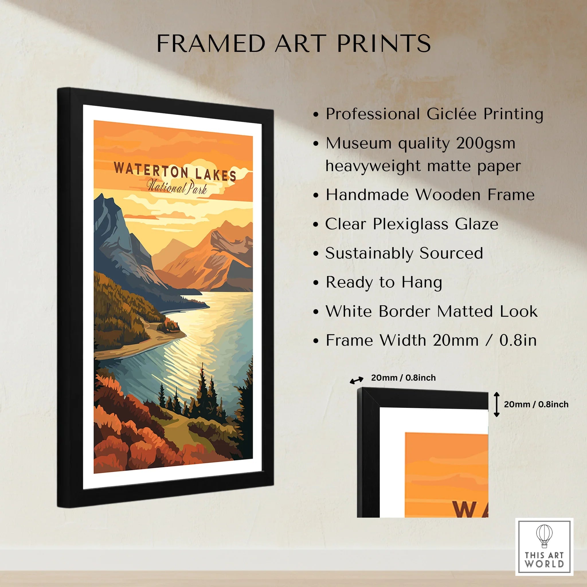 Framed Waterton Lakes National Park art print with mountains, lake, and sunset colors, quality details listed.