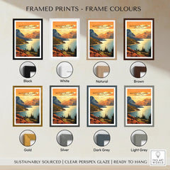 Waterton Lakes National Park travel poster framed print in eight frame colour options