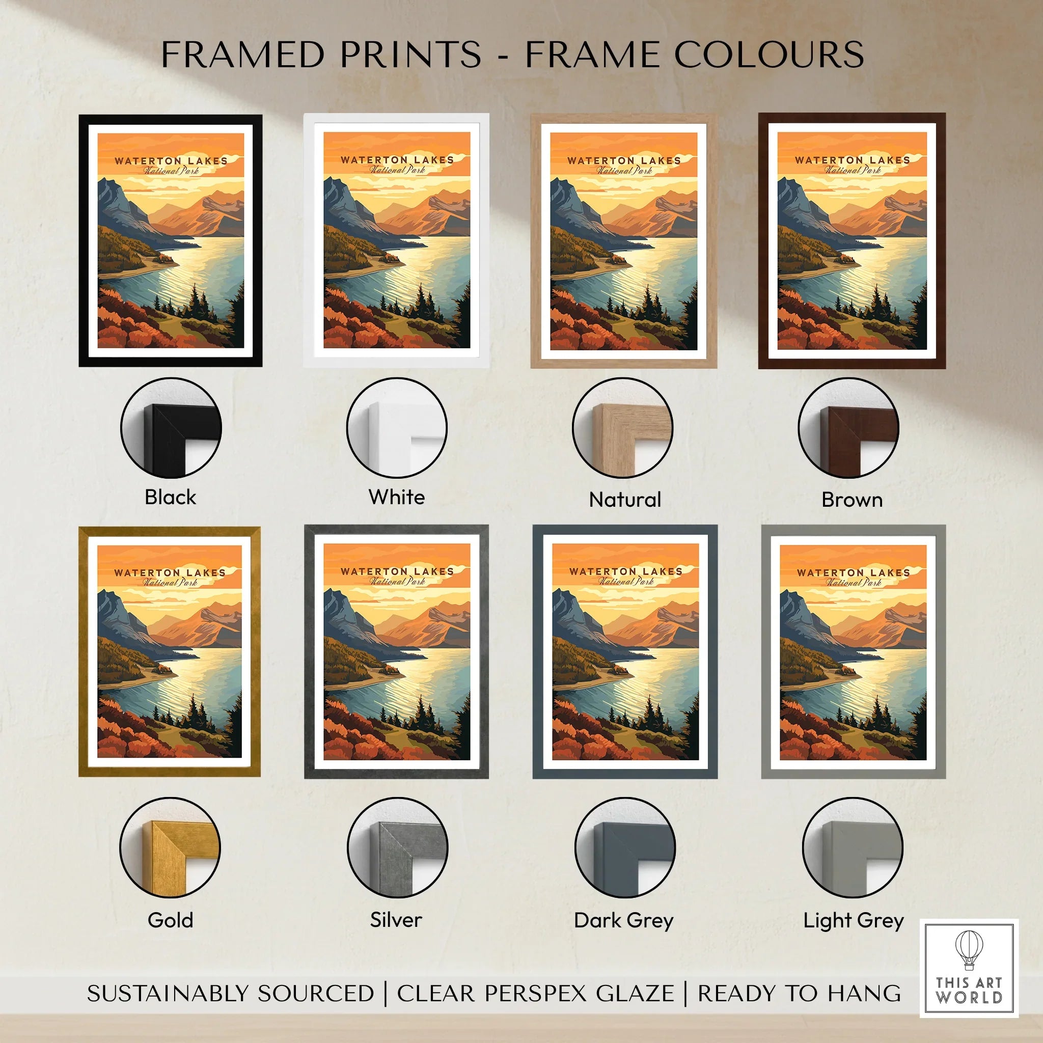 Waterton Lakes National Park travel poster framed print in eight frame colour options