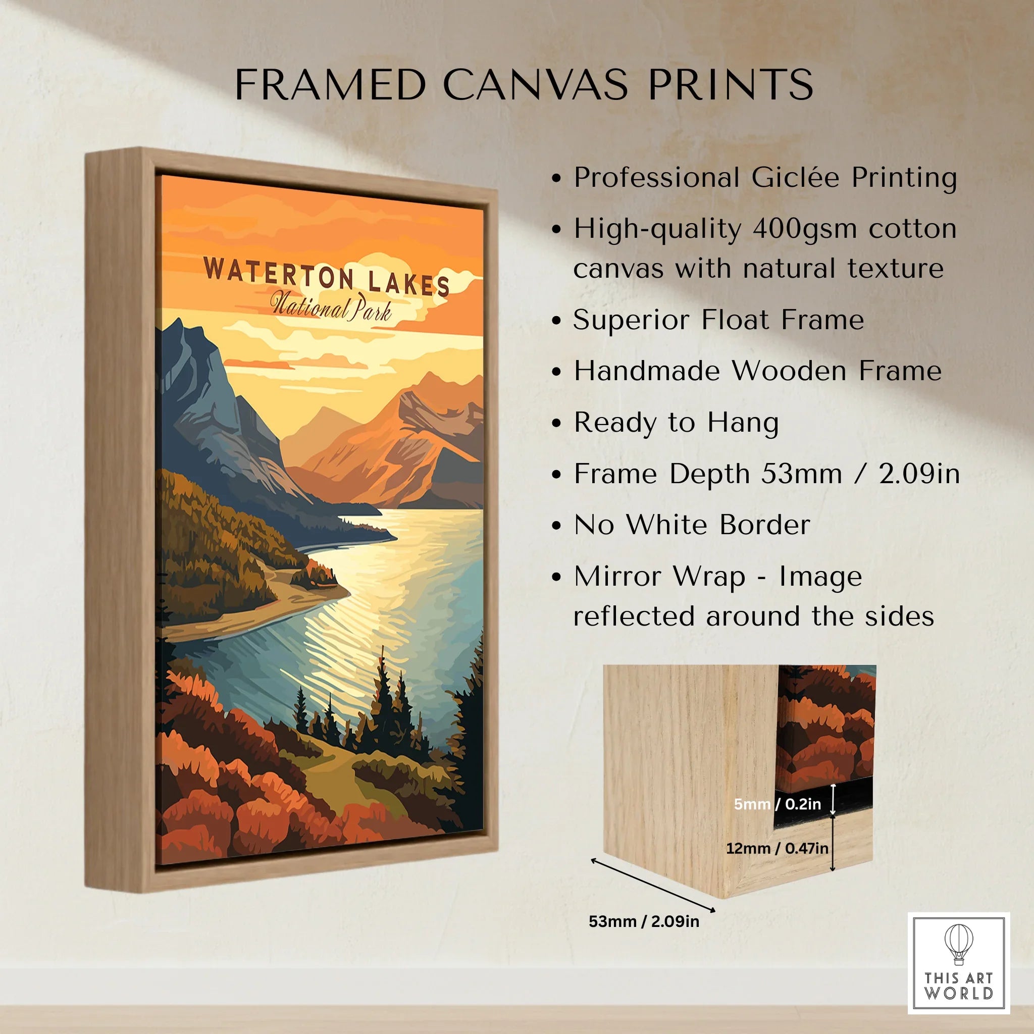 Waterton Lakes National Park framed canvas art with wooden float frame and sunset mountain scene.