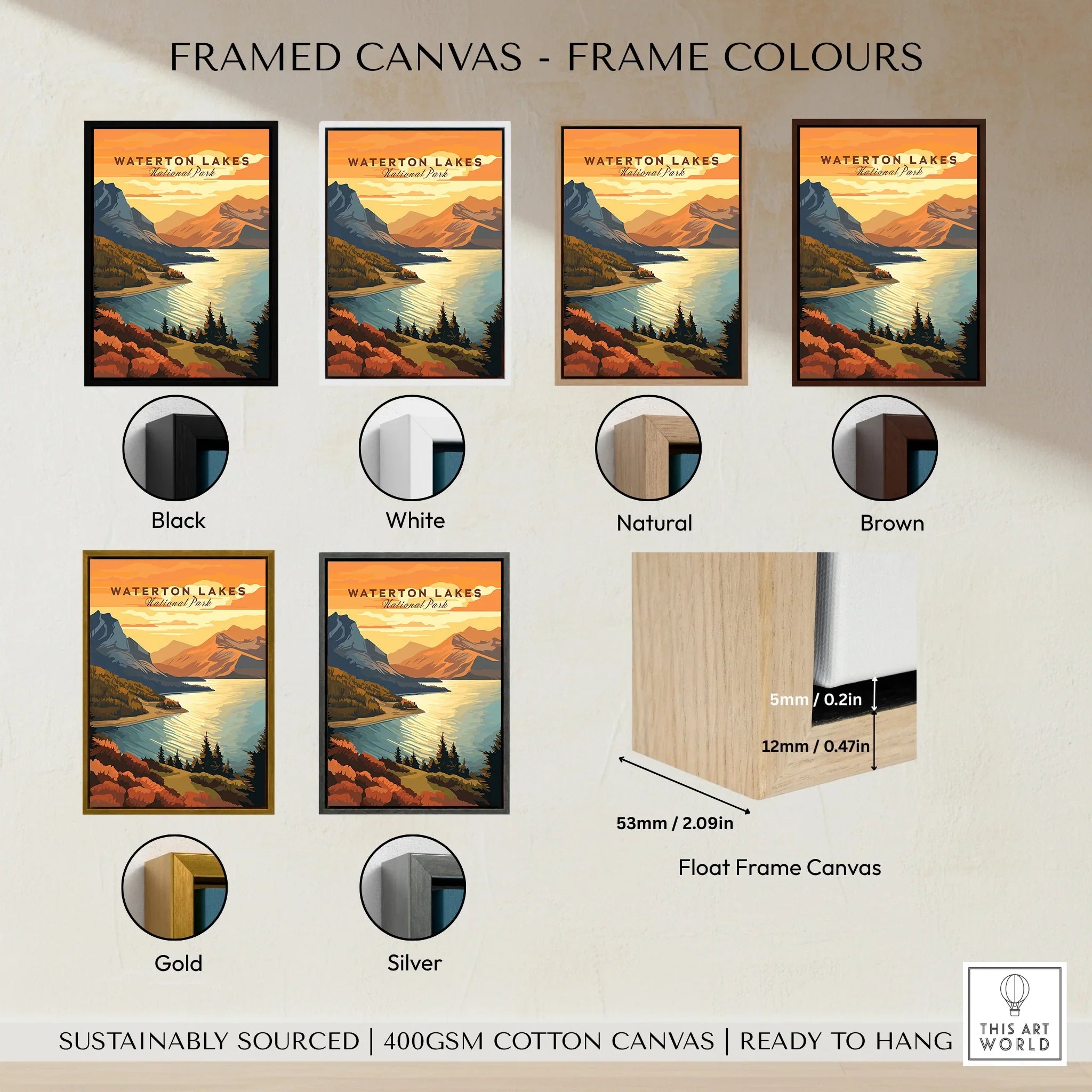 Waterton Lakes National Park framed canvas art in six frame colors with float frame details