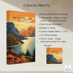 Waterton Lakes National Park canvas print with colorful mountain and lake landscape art