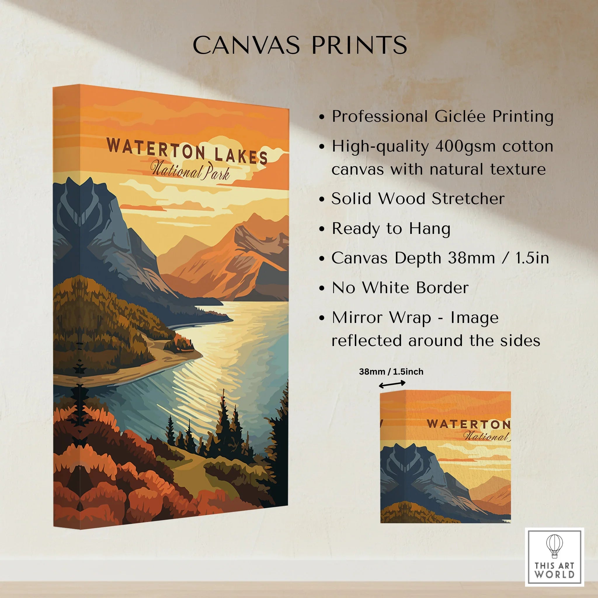 Waterton Lakes National Park canvas print with colorful mountain and lake landscape art