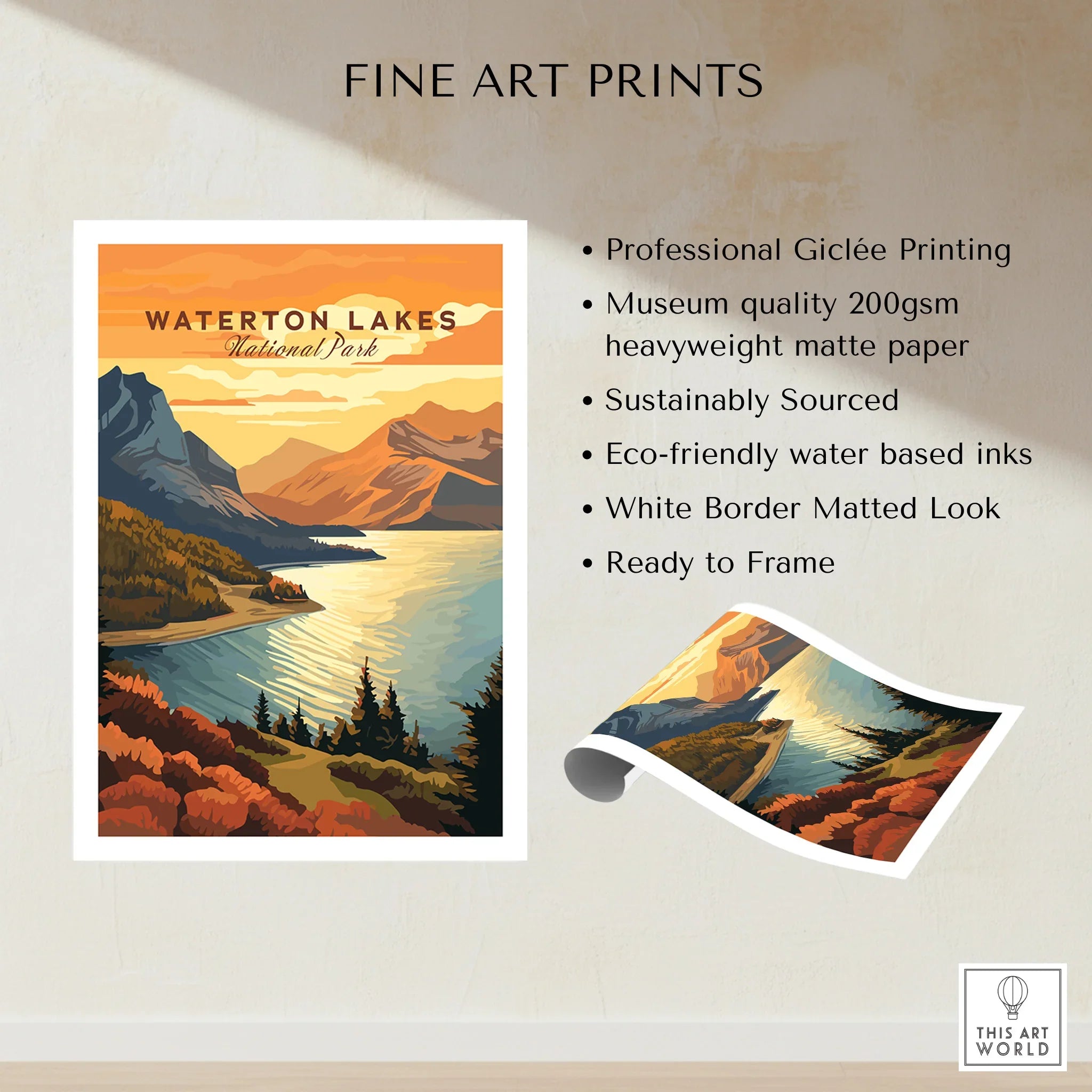 Waterton Lakes National Park fine art print with colorful mountain landscape and lake, giclée poster, museum quality wall art.