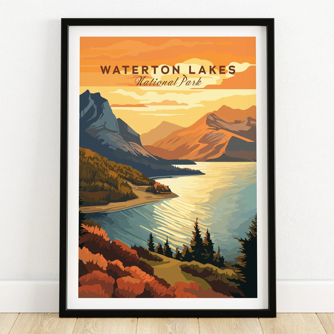 Waterton Lakes National Park art print in black frame on wooden floor, sunset landscape wall decor