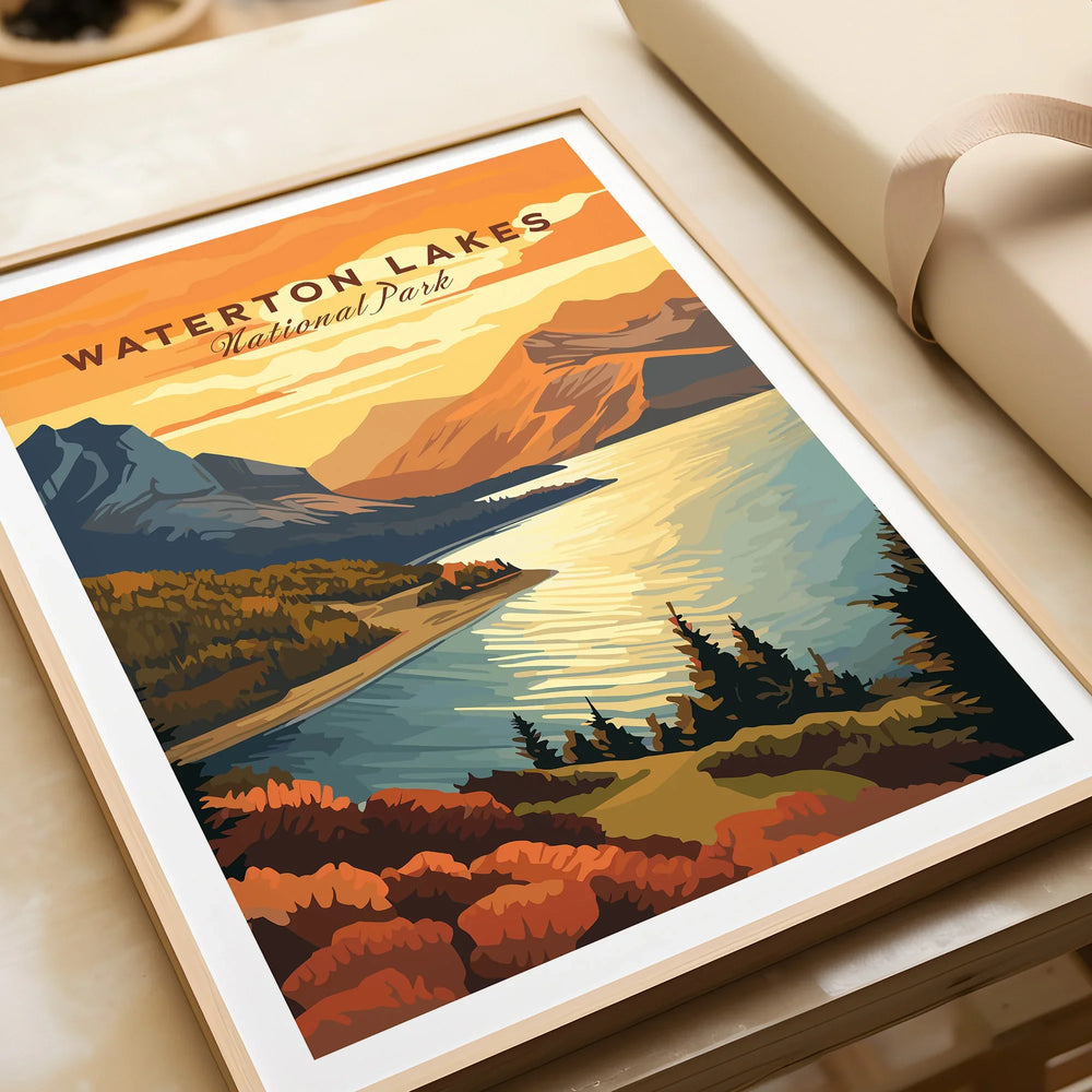 Waterton Lakes National Park art print in natural wood frame, landscape poster gift