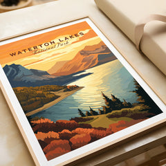Waterton Lakes National Park art print in natural wood frame, landscape poster gift