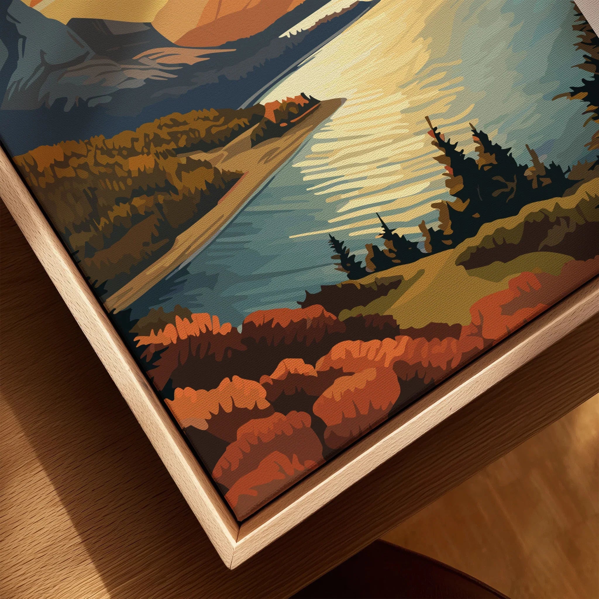 Closeup of framed Waterton Lakes National Park art print with natural wood frame