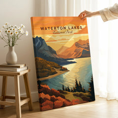 Waterton Lakes National Park canvas print with colorful landscape, hand holding artwork in bright room