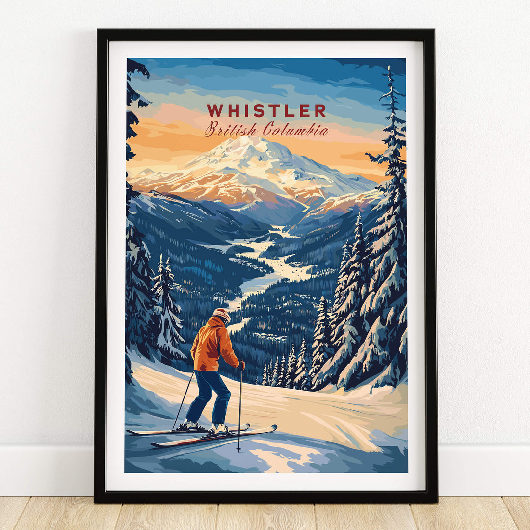 Whistler Travel Poster -  British Columbia showcasing skiing in breathtaking mountain landscapes.