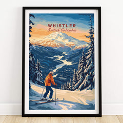 Whistler Travel Poster -  British Columbia showcasing skiing in breathtaking mountain landscapes.