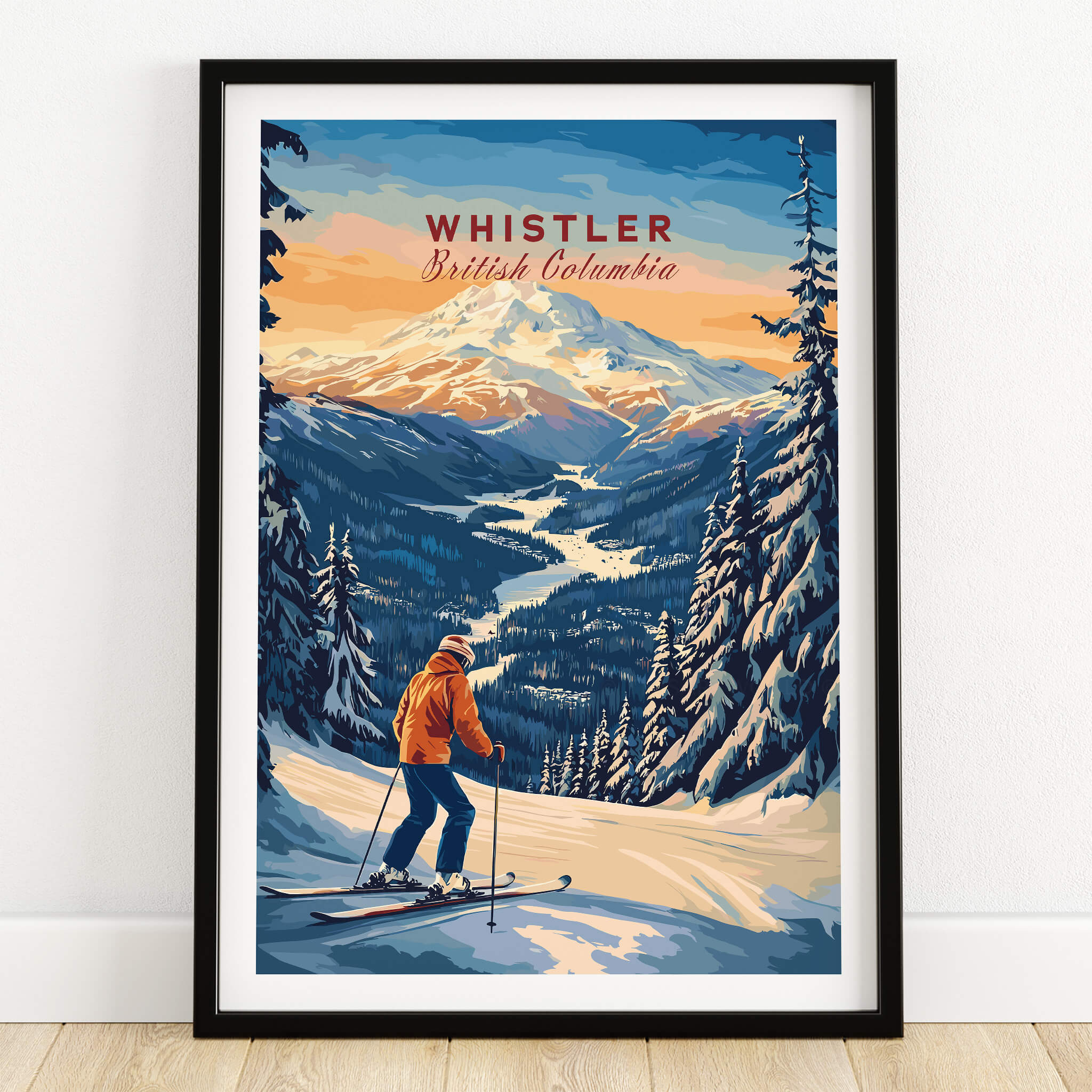 Whistler Travel Poster -  British Columbia showcasing skiing in breathtaking mountain landscapes.