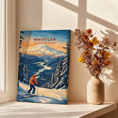 Whistler Travel Poster - British Columbia showcasing a skier in snowy mountain landscapes.