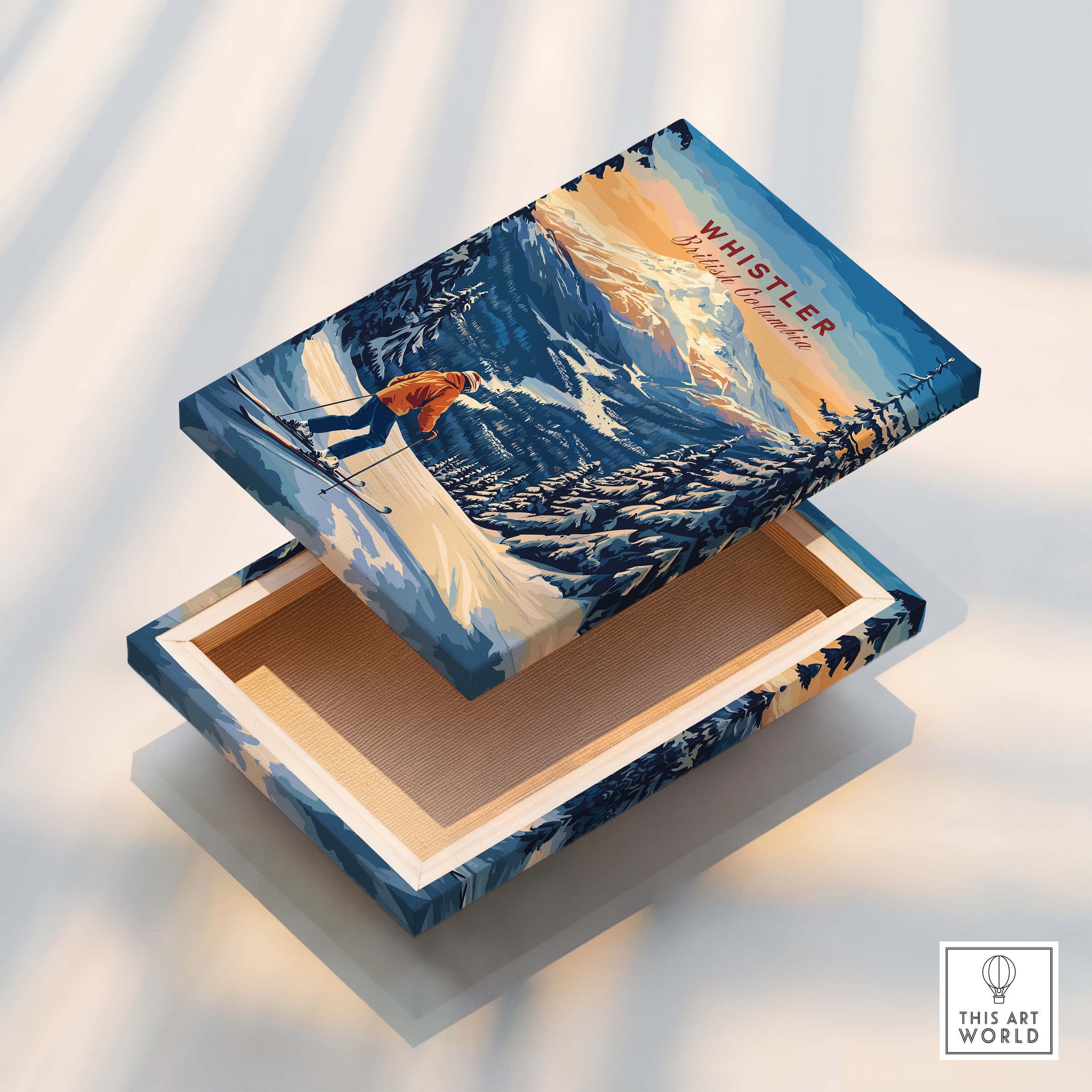 Whistler Travel Poster - British Columbia decorative box featuring ski landscapes and mountain scenery.