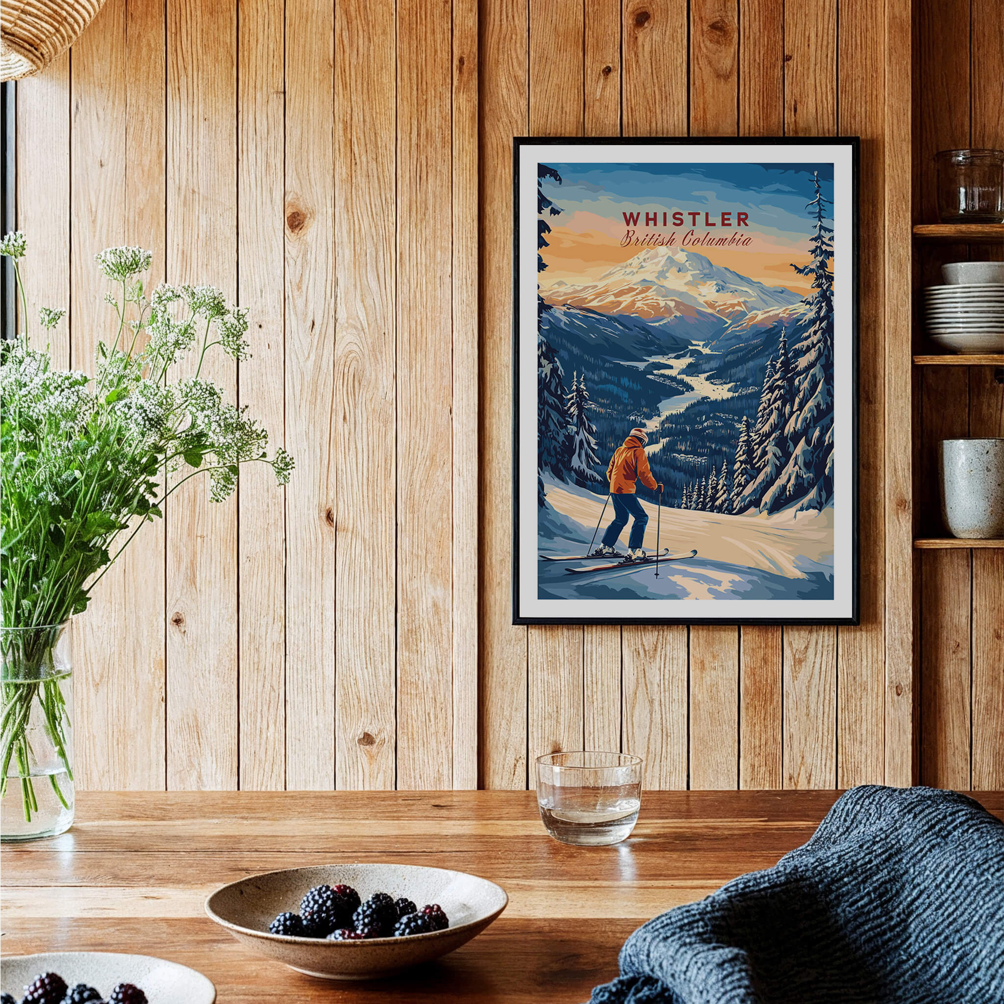 Whistler Travel Poster - British Columbia featuring a skier in a snowy landscape with a wooden background.