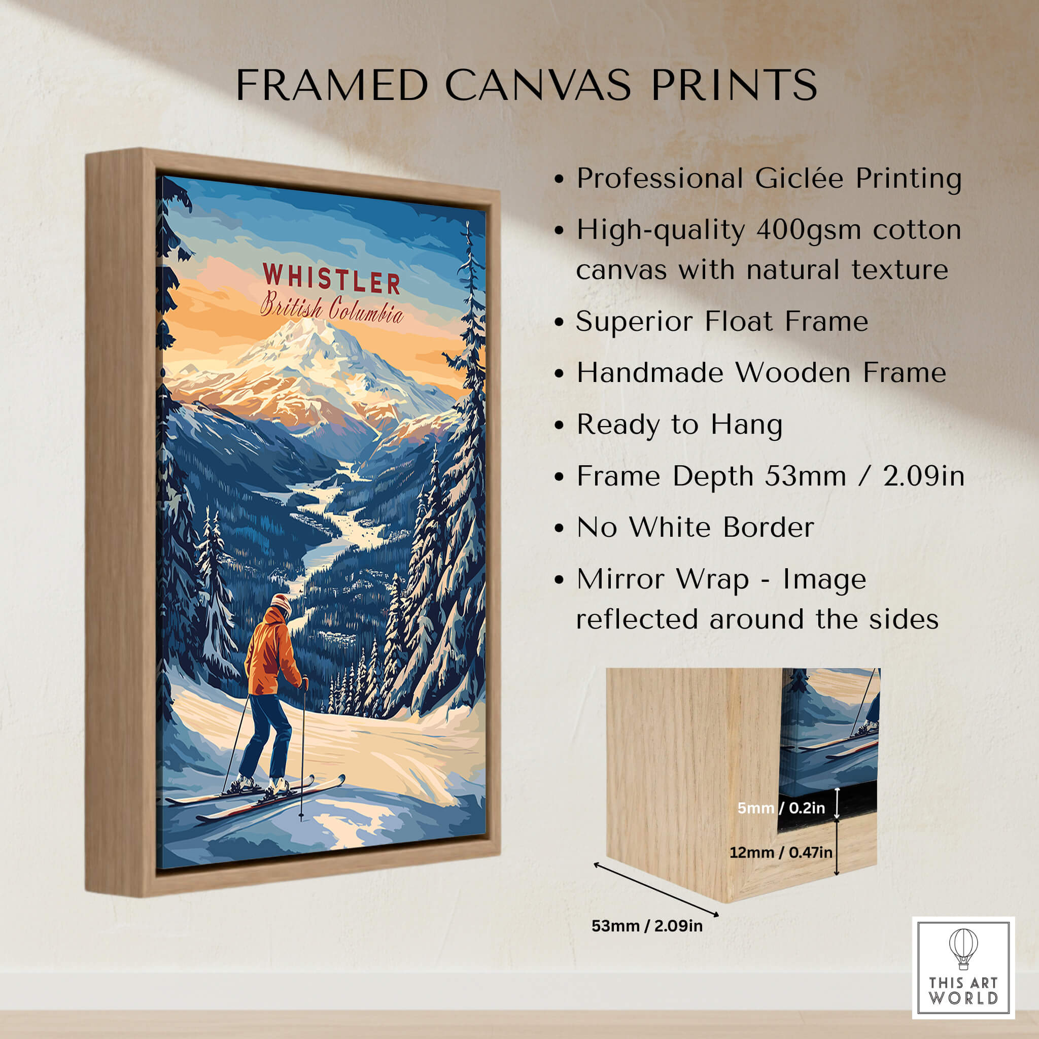 Whistler Travel Poster - British Columbia framed canvas print showcasing snowy mountains and skier, ready to hang decor.