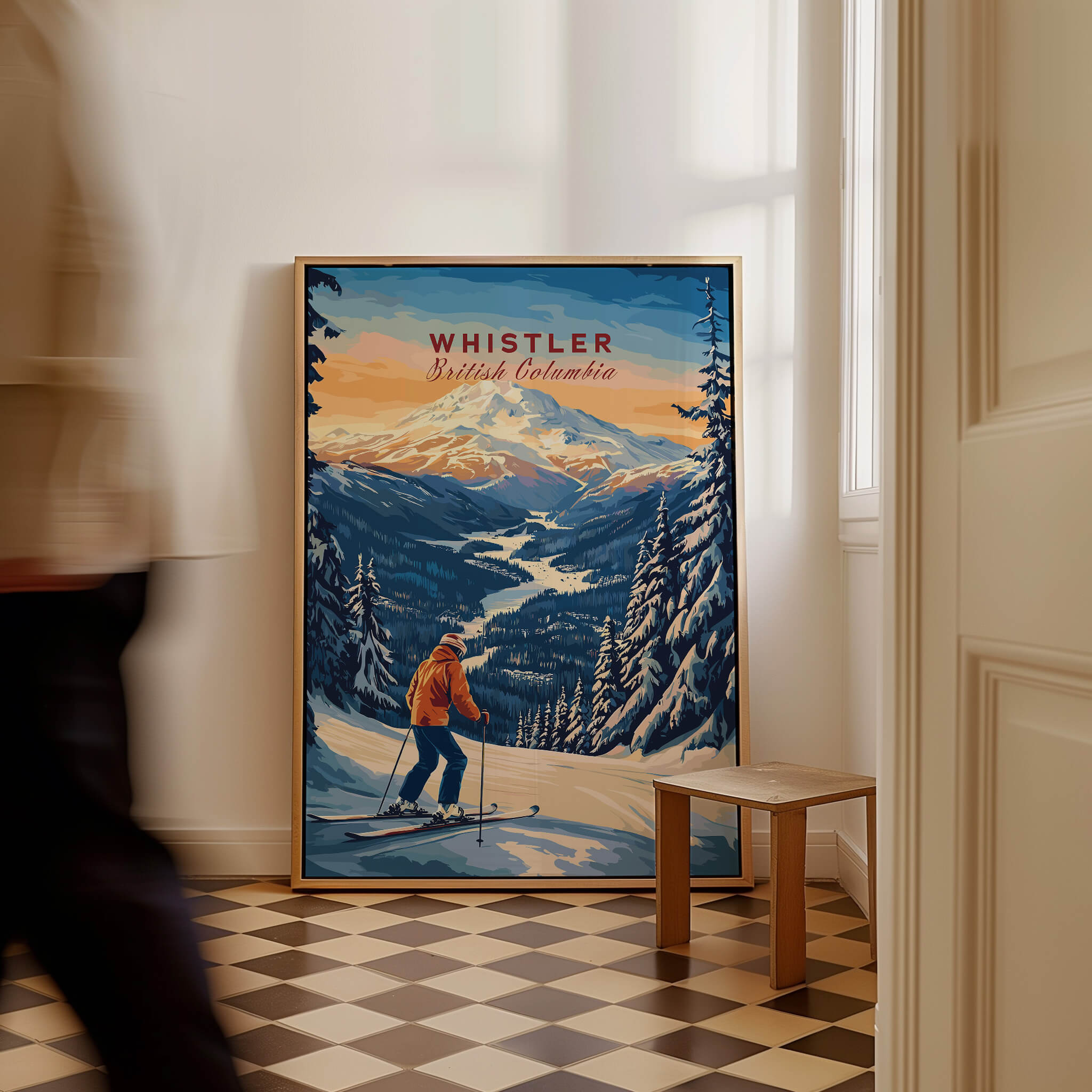 Whistler Travel Poster - British Columbia showcasing stunning ski landscapes in a stylish interior setting.