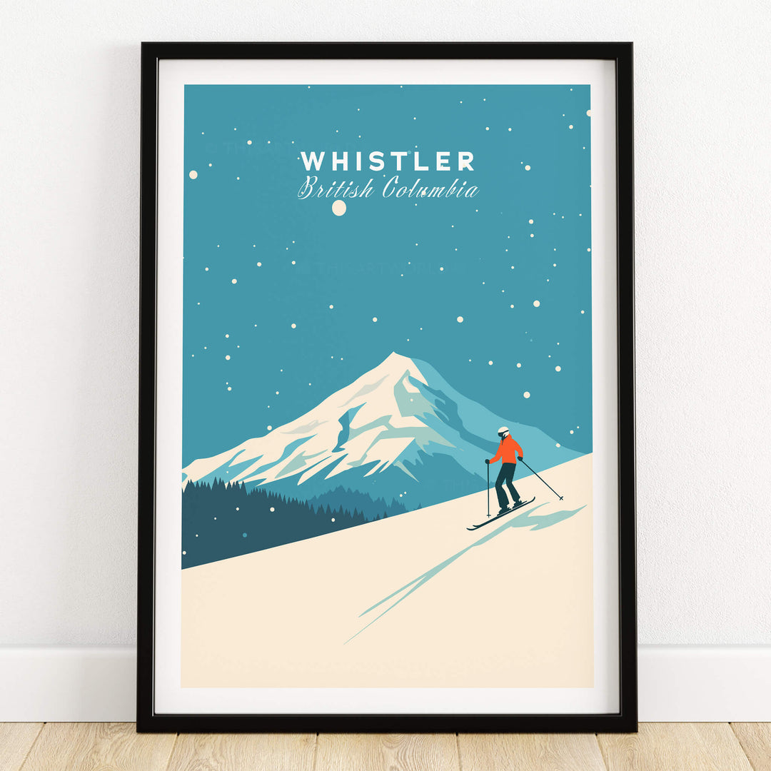 Whistler Ski Poster featuring a skier on a snowy mountain with a blue sky and snowflakes.